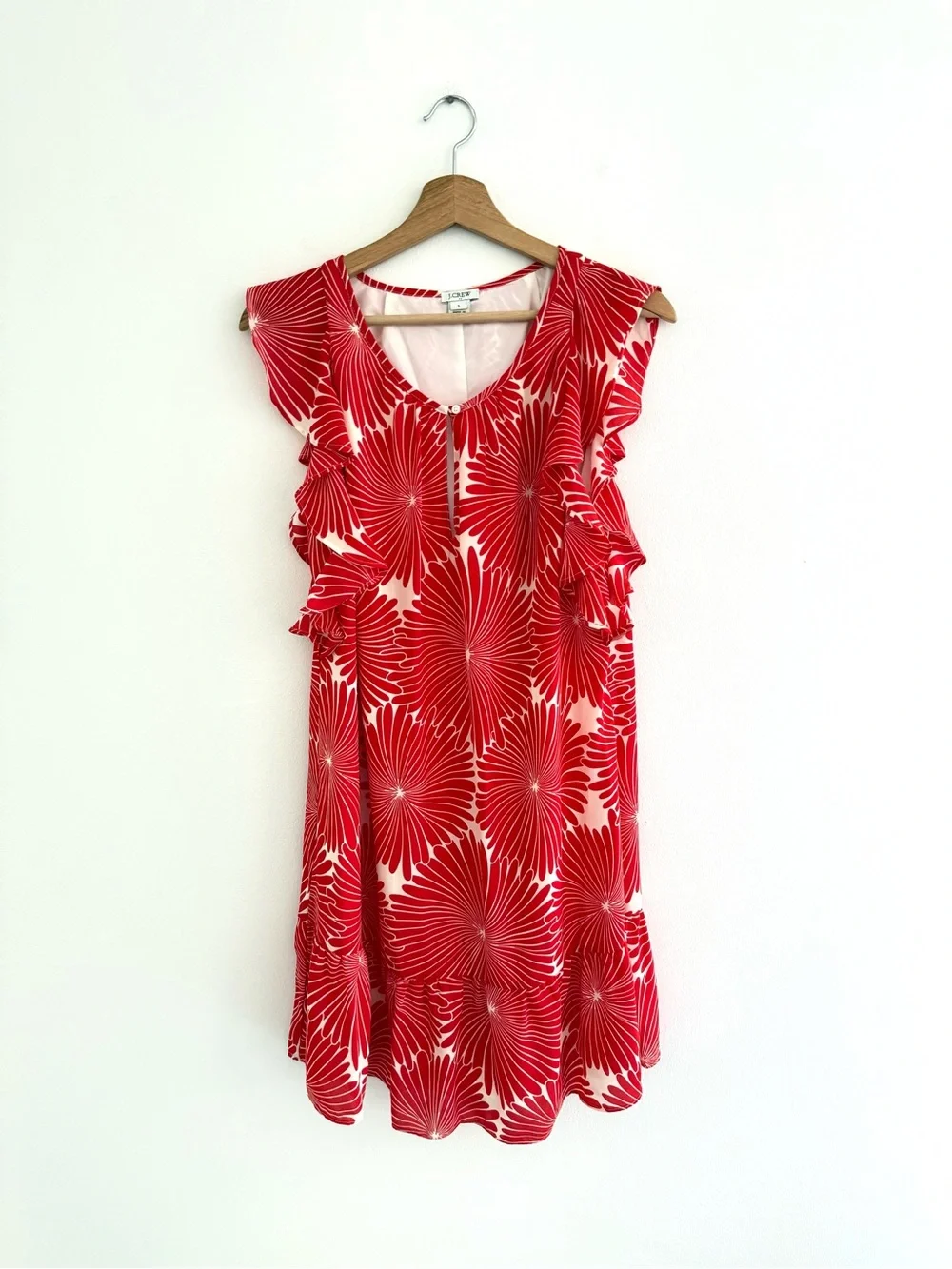 J. Crew Red Floral Tropical Resort Flutter Sleeve Ruffle Hem Mini Dress Small